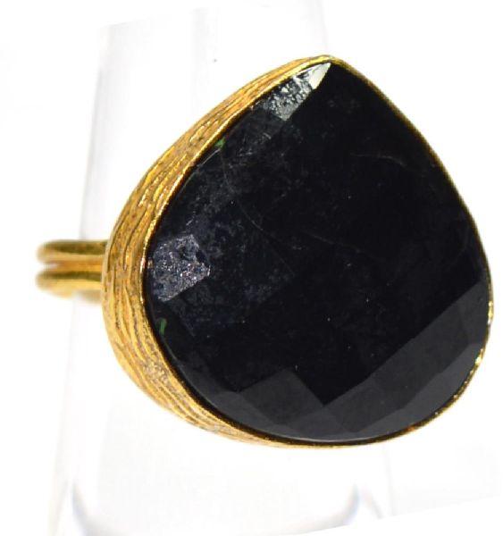 Black Spinel Pear Shape Gold Plated Gemstone Bezel Ring