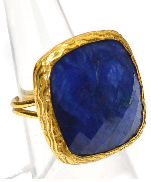 Blue Sapphire Cushion Shape Gold Plated Bezel Ring
