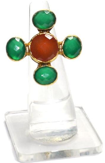 Carnelian With Green Onyx Round and Oval Shape Gold Plated Bezel Gemstone Ring