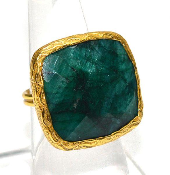 Dyed Emerald Cushion Shape Gold Plated Bezel Ring