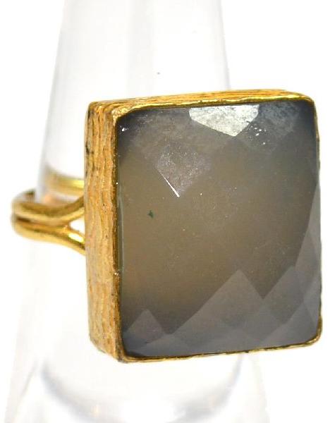 Gray Chalcedony Cushion Shape Gold Plated Bezel Gemstone Ring