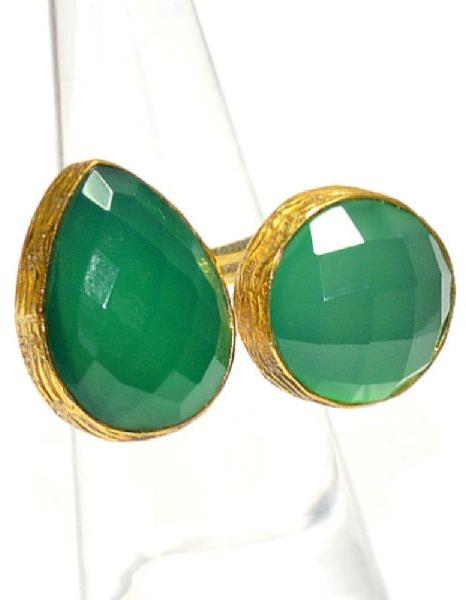 Green Onyx Pear and Round Shape Gold Plated Bezel Gemstone Ring