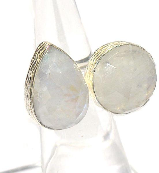 Rainbow Moonstone Pear and 16Round Shape Silver Plated Bezel Gemstone Ring