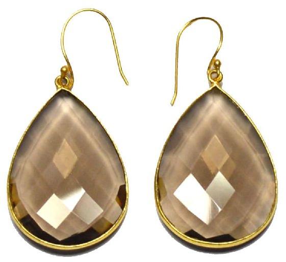 Smokey Pear Shape Gold Plated over 925 Sterling Silver Bezel Dangle AND Drop Earring
