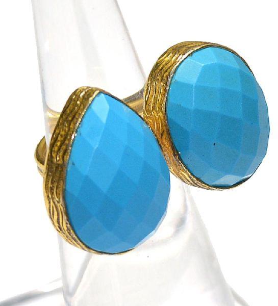 Turquoise Pear and Round Shape Gold Plated Bezel Gemstone Ring