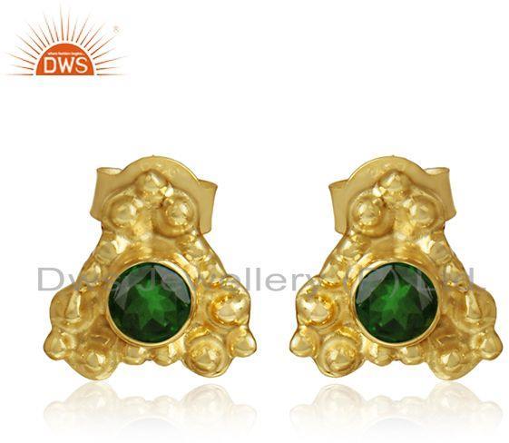 18k Gold Plated Designer Charome Diopside Gemstone Stud Earrings