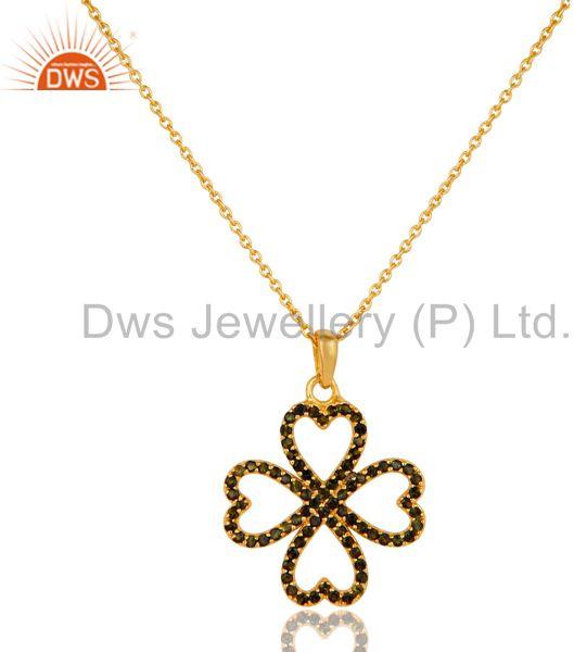 18k Gold Plated Tourmaline Flower Design Sterling Silver Pendant Necklace