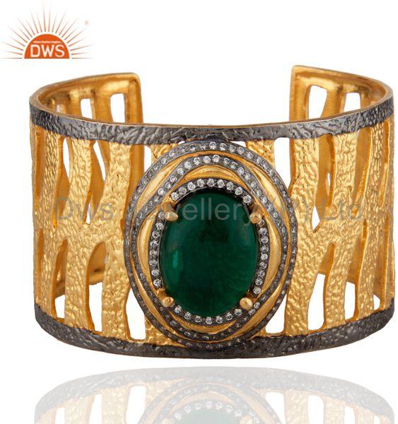 22K Yellow Gold Plated Brass Green Glass And CZ Hammered Wide Cuff Bracelet