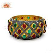 22K Yellow Gold Plated Sterling Silver Red Green Glass Wide Bangle