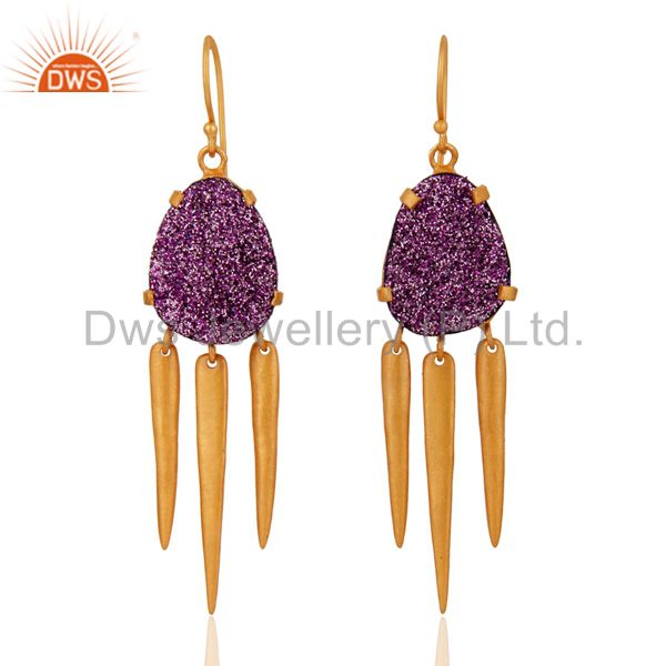 24K Yellow Gold Plated Brass Purple Druzy Agate Multi Spike Chandelier Earrings