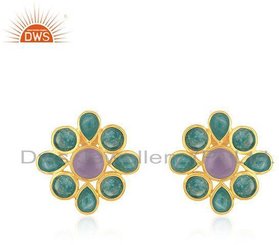 Amazonite Gemstone 925 Silver Yellow Gold PLated Stud Earrings