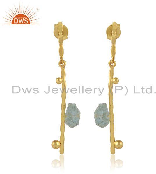 Aquamarine Gemstone Handmade Gold Plated Silver Stick Earrings