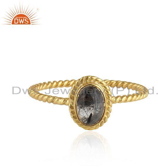 Black Rutile Gemstone Twisted Silver Gold Plated Stackable Rings