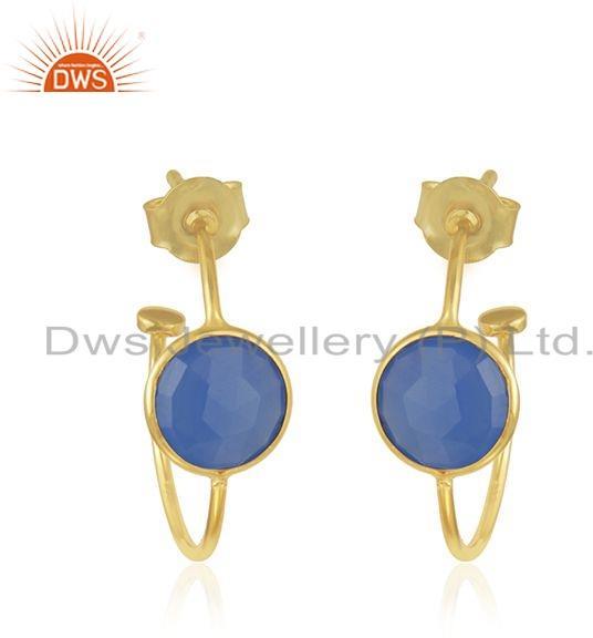 Blue Chalcedony Gemstone 18k Gold Plated Silver Hoop Earrings Jewelry