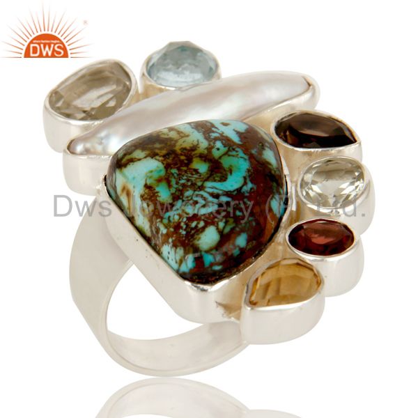 Boulder Turquoise, Citrine, Fresh Water Pearl Multi Stone Combination Ring