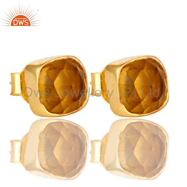 Citrine Hydro Cushion Cut 18K Gold Plated Sterling Silver Stud Earrings