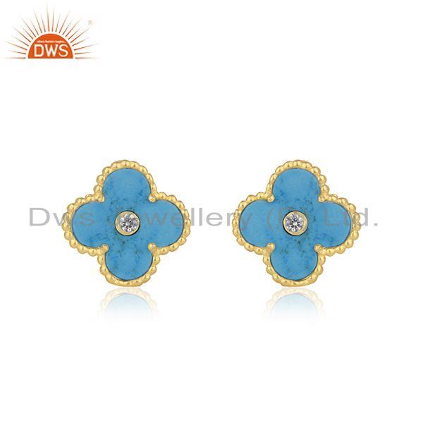 CZ Turquoise Gold Plated Silver Flower Stud Earrings Jewelry