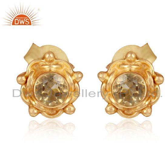 Designer Gold Plated 925 Silver Citrine Gemstone Stud Earrings
