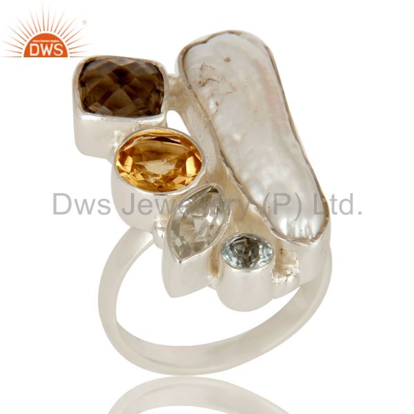 Fresh Water Pearl, BT, Smokey and Citrine Multi Stone Sterling Silver Ring