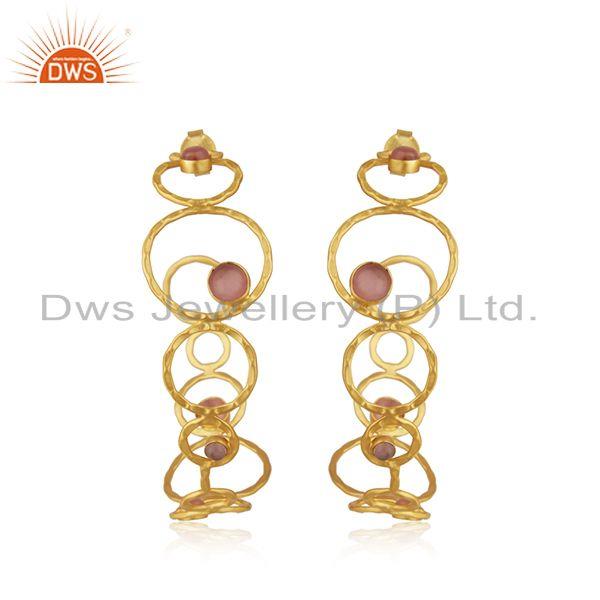 Gold Plated Brass Fashion Pink Moonstone Hoop Earring