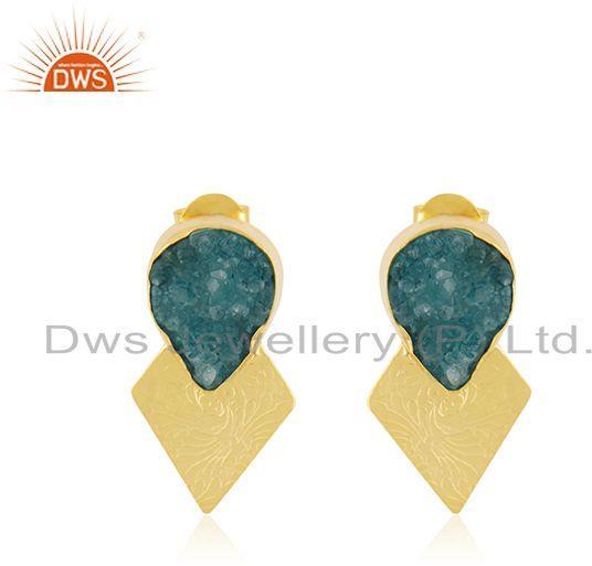 Green Druzy Gemstone Gold Plated Floral Design Stud Earrings
