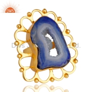 Handcrafted Blue Druzy Agate 24k Yellow Gold Plated Designer Ring