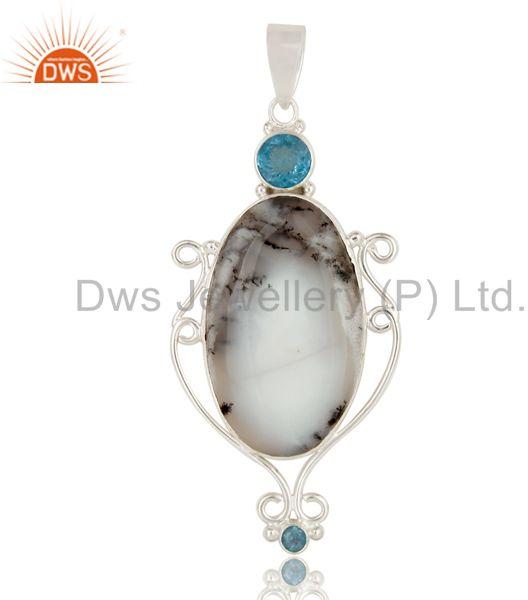 Handmade Sterling Silver Dendritic Opal And Blue Topaz Bezel Set Pendant