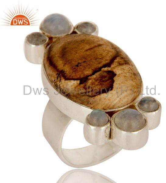 Handmade Sterling Silver Picture Jasper And Rainbow Moonstone Statement Ring