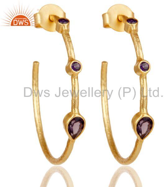 Hydro Amethys & Zirconia Studs Brass Earrings With 18K Yellow Gold Plated