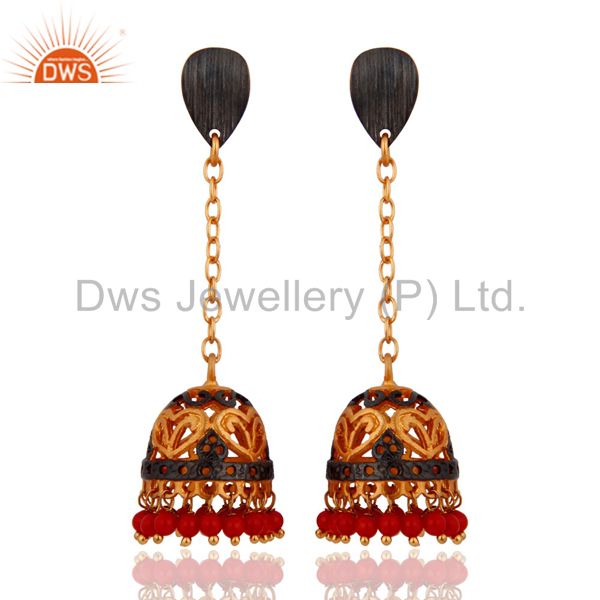 Indian Handmade Design 22k Yellow Gold Plated Red Coral Gemstone Drop Earrings