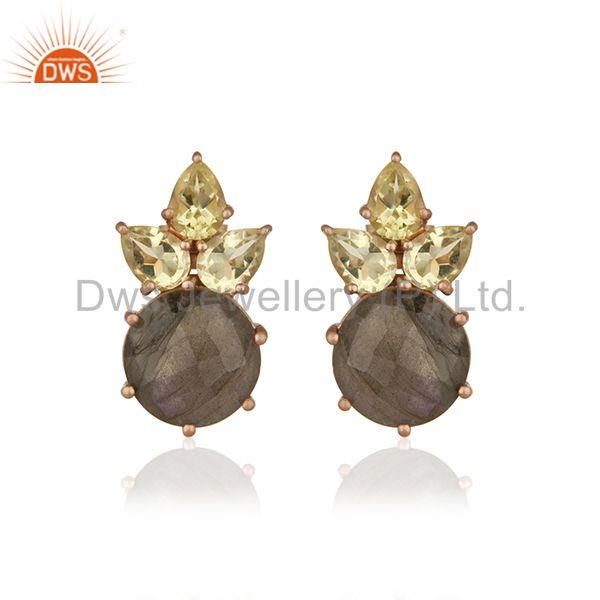 Labradorite and Lemon Topaz Gemstone Rose Gold Plated Silver Stud Earrings