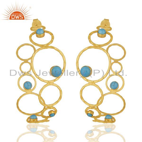 Matrix Turquoise Gemstone Yellow Gold Plated Brass Fashion Hoop Earrings Jewelry