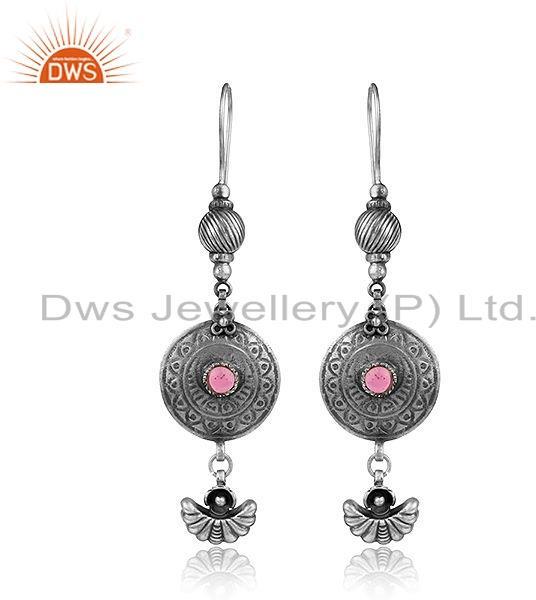 Oxidized Sterling Silver Hydro Pink Gemstone Antique Earrings Jewelry