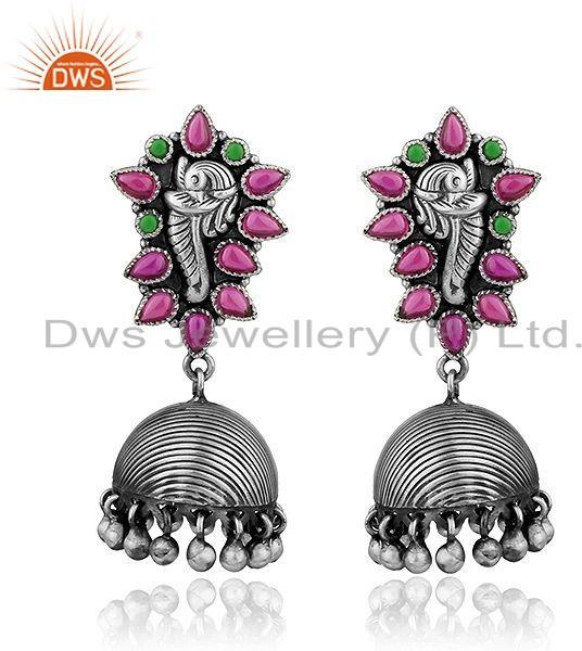 Peacock Design Oxidized Silver Multi Hydro Gemstone Jhumka Earrings