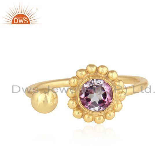 Pink Topaz Gemstone Flower Adjustable Gold Plated 925 Silver Rings