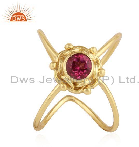 Pink Topaz Gemstone Yellow Gold Plated Handmade 925 Silver Rings