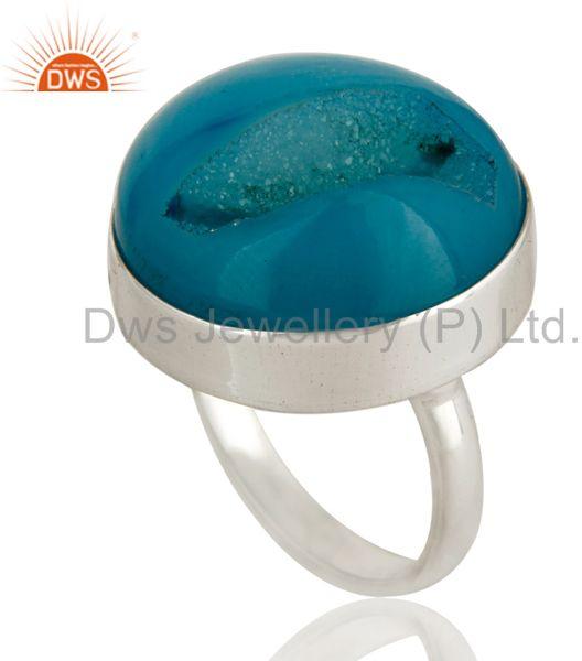 Round Blue Agate Druzy Cocktail Ring In Solid Sterling Silver