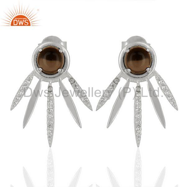 Smoky Topaz And White Cz Studded Spike Post 92.5 Sterling Silver Earring