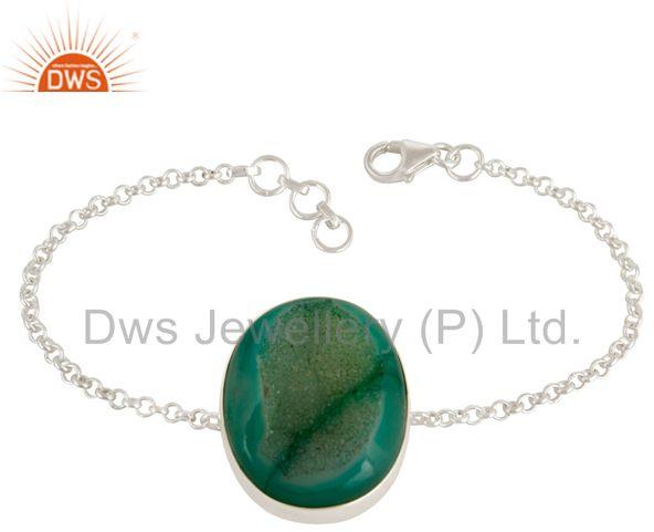 Sterling Silver Green Druzy Agate Bezel Set Chain Bracelet