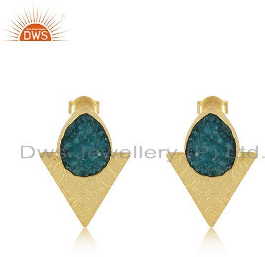 Triangle Design Gold Plated Brass Fashion Green Gemstone Stud Earrings
