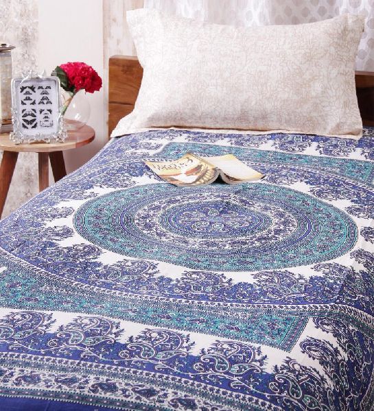 Cotton Single Bedsheet with out Pillow Blue Color Paisley Handlook Print Bedsheet