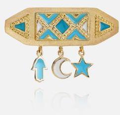 TALISMAN BROOCH IN YELLOW GOLD WITH WHITE AND BLUE ENAMEL