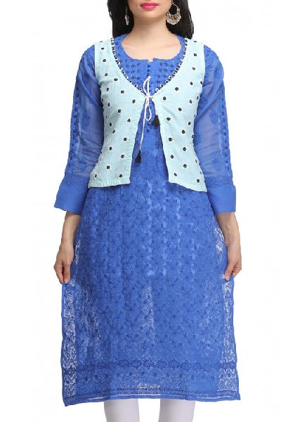 Ada Hand Embroidered Blue Cotton Lucknowi Chikankari Jacket