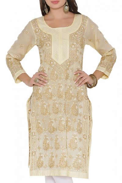 Embroidered Fawn Cotton Lucknow Chikan Kurti