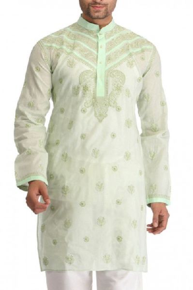 Hand Embroidered Green Cotton Lucknow Chikankari Mens Kurta