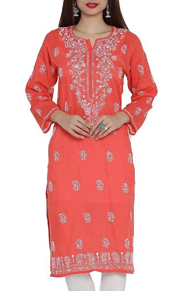 Hand Embroidered Carrot Pink Cotton Lucknow Chikan Kurti