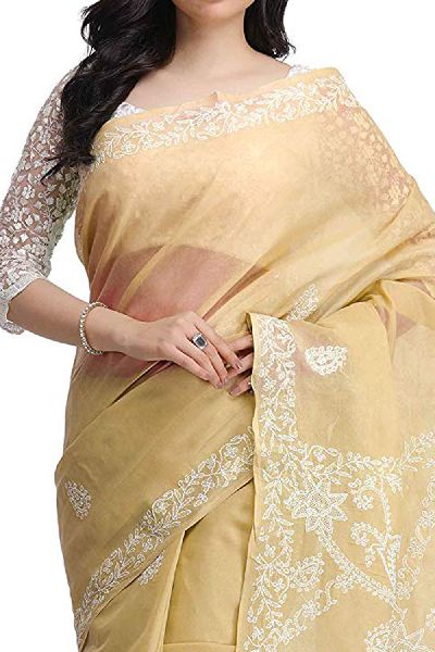Hand Embroidered Fawn Cotton Lucknow Chikan Saree