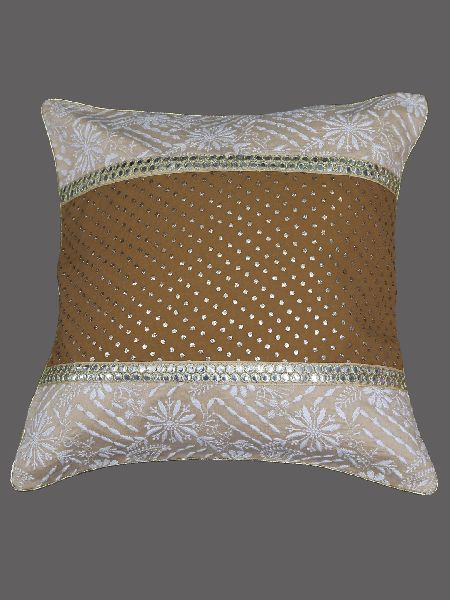 Hand Embroidered Fawn Tusser Silk Lucknow Chikankari Cushion Cover
