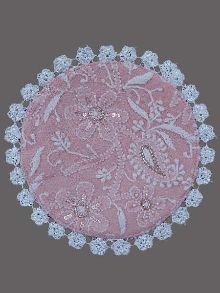 Hand Embroidered Pink Georgette Lucknow Chikankari Table Coaster