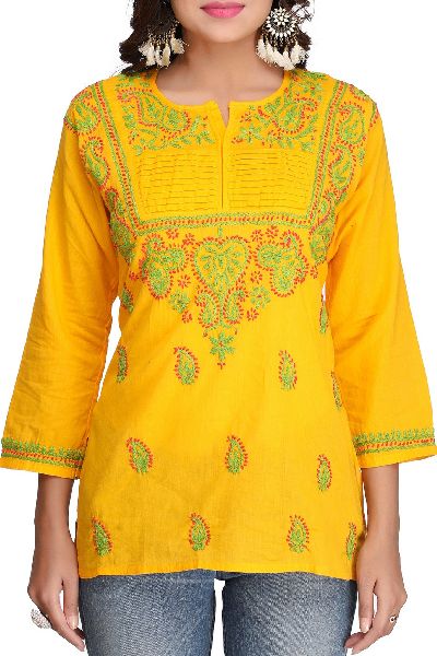 Hand Embroidered Yellow Pure Cambric Cotton Lucknow Chikan Top